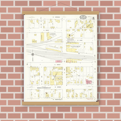 Old map wall art mockup — magnetic wood frame on brick wall — Sanborn Fire Insurance Map from Fairfield, Jefferson County, Iowa (1913), Sheet #0005