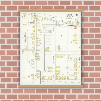 Old map wall art mockup — magnetic wood frame on brick wall — Sanborn Fire Insurance Map from Goldsboro, Wayne County, North Carolina (1913), Sheet #0021