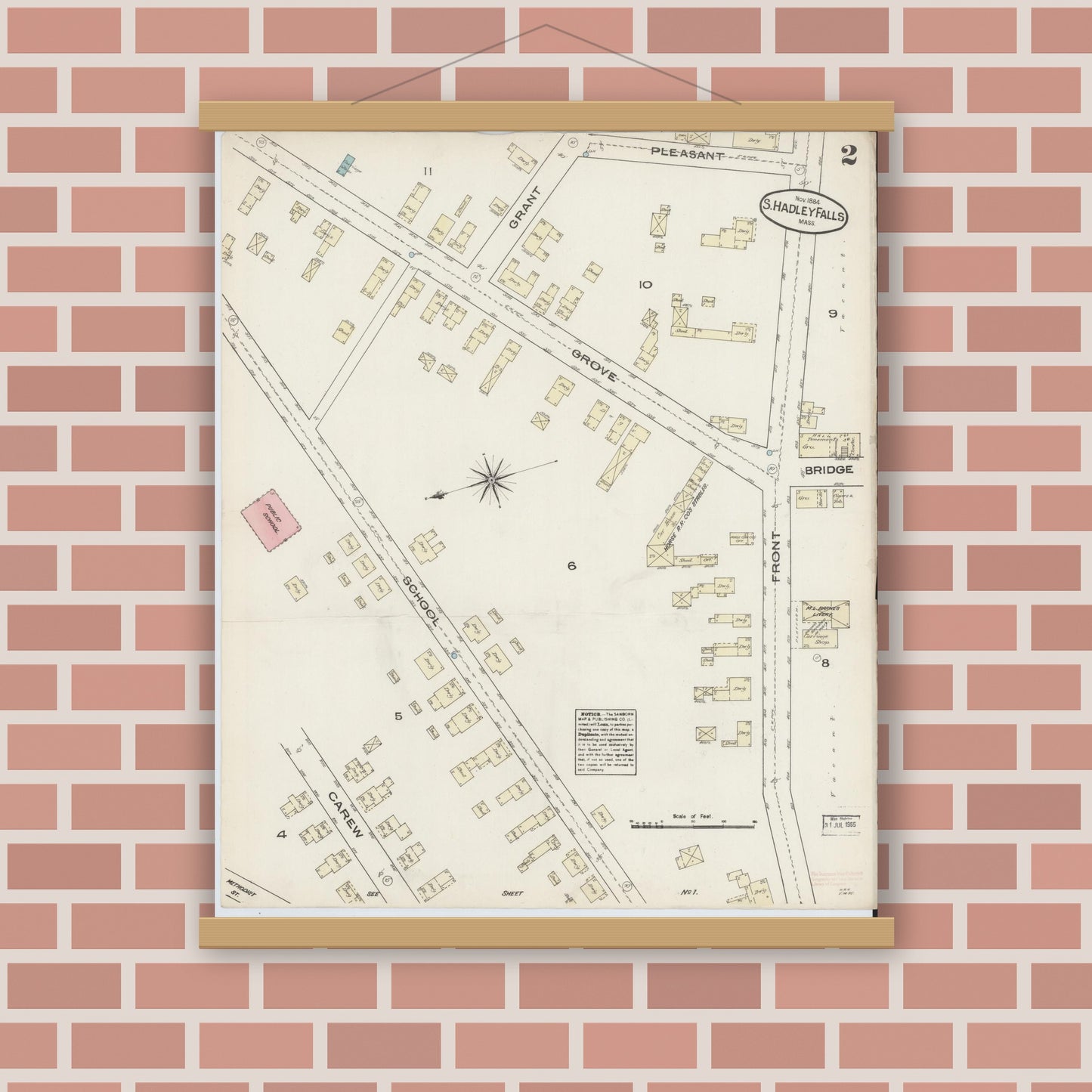 Old map wall art mockup — magnetic wood frame on brick wall — Sanborn Fire Insurance Map from South Hadley Falls, Hampshire County, Massachusetts (1884), Sheet #0002