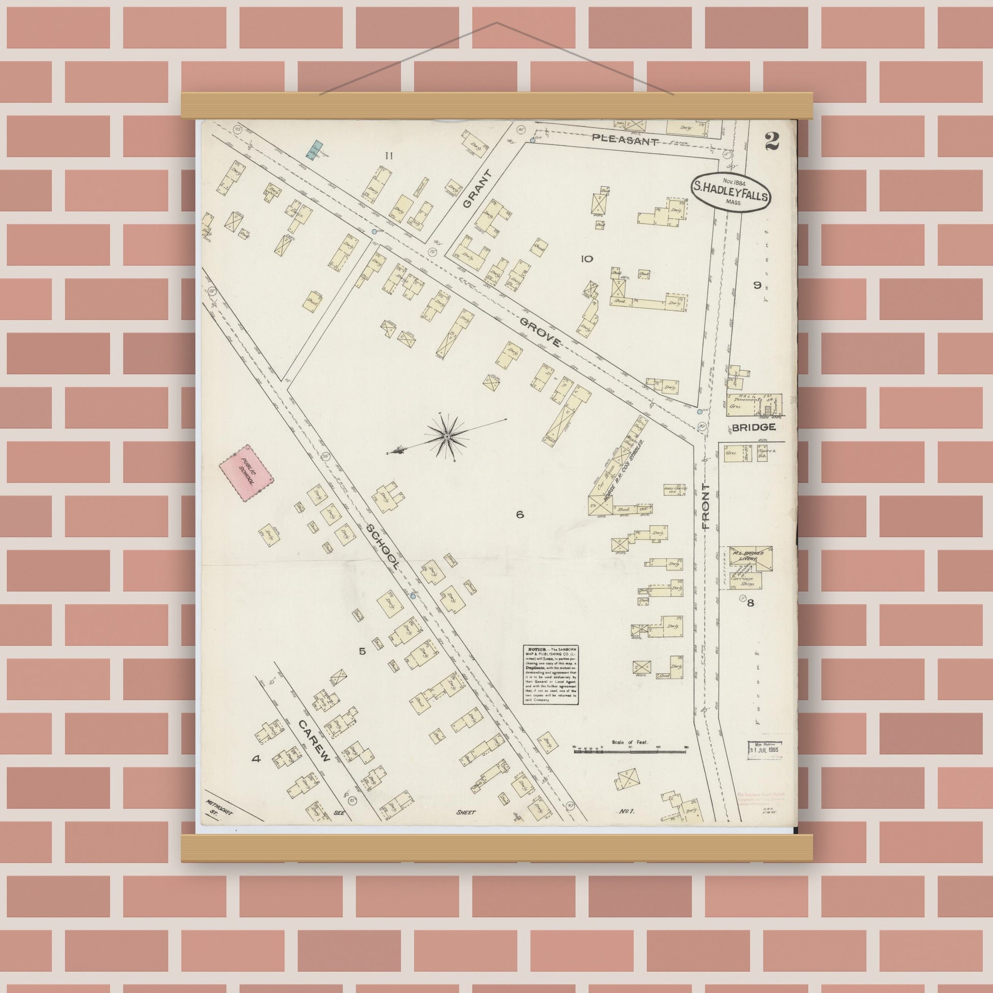 Old map wall art mockup — magnetic wood frame on brick wall — Sanborn Fire Insurance Map from South Hadley Falls, Hampshire County, Massachusetts (1884), Sheet #0002