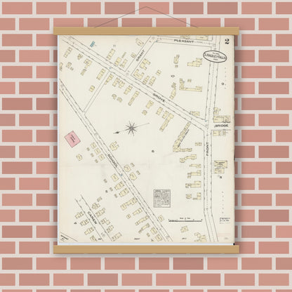 Old map wall art mockup — magnetic wood frame on brick wall — Sanborn Fire Insurance Map from South Hadley Falls, Hampshire County, Massachusetts (1884), Sheet #0002