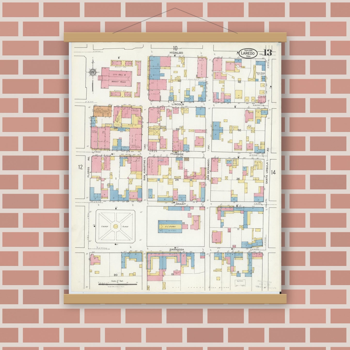 Old map wall art mockup — magnetic wood frame on brick wall — Sanborn Fire Insurance Map from Laredo, Webb County, Texas (1916), Sheet #0013
