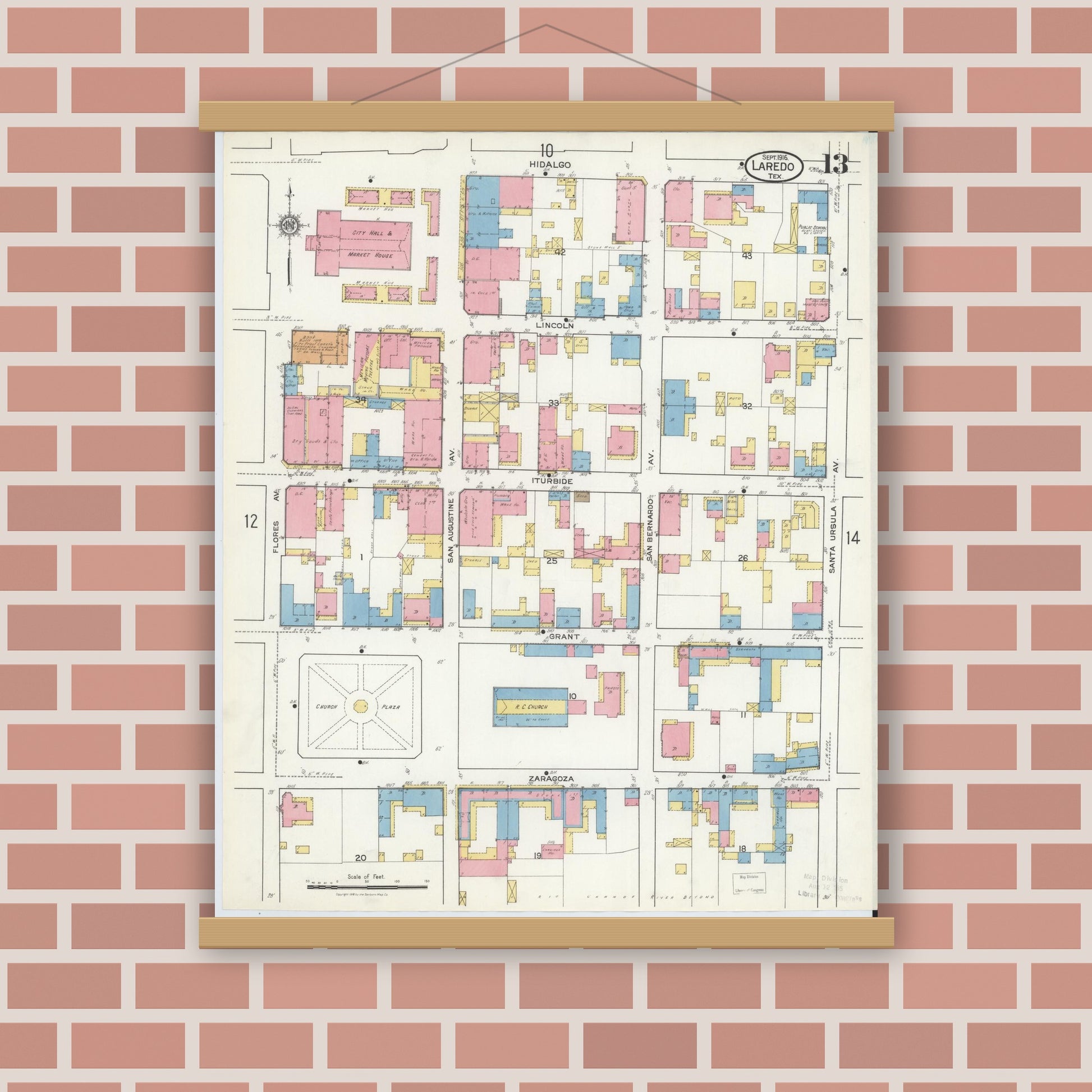 Old map wall art mockup — magnetic wood frame on brick wall — Sanborn Fire Insurance Map from Laredo, Webb County, Texas (1916), Sheet #0013