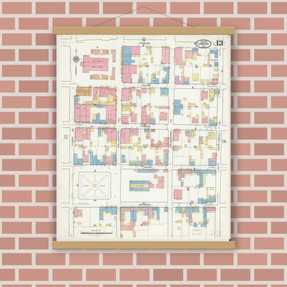 Old map wall art mockup — magnetic wood frame on brick wall — Sanborn Fire Insurance Map from Laredo, Webb County, Texas (1916), Sheet #0013