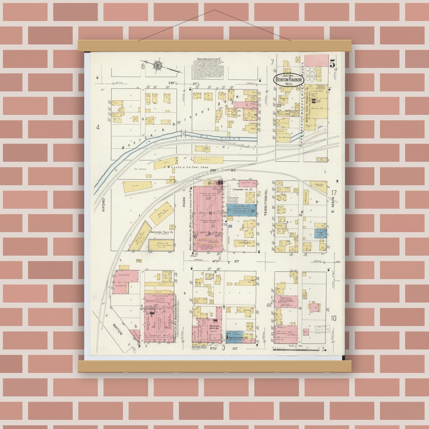 Old map wall art mockup — magnetic wood frame on brick wall — Sanborn Fire Insurance Map from Benton Harbor, Berrien County, Michigan (1917), Sheet #0005