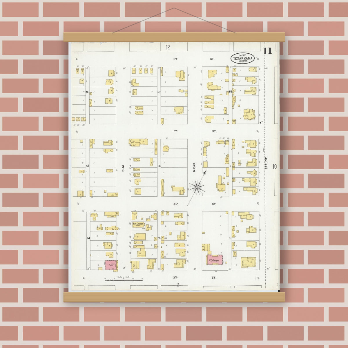 Old map wall art mockup — magnetic wood frame on brick wall — Sanborn Fire Insurance Map from Texarkana, Bowie County, Texas (1900), Sheet #0011