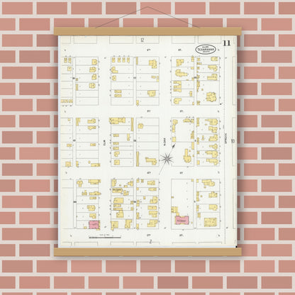 Old map wall art mockup — magnetic wood frame on brick wall — Sanborn Fire Insurance Map from Texarkana, Bowie County, Texas (1900), Sheet #0011