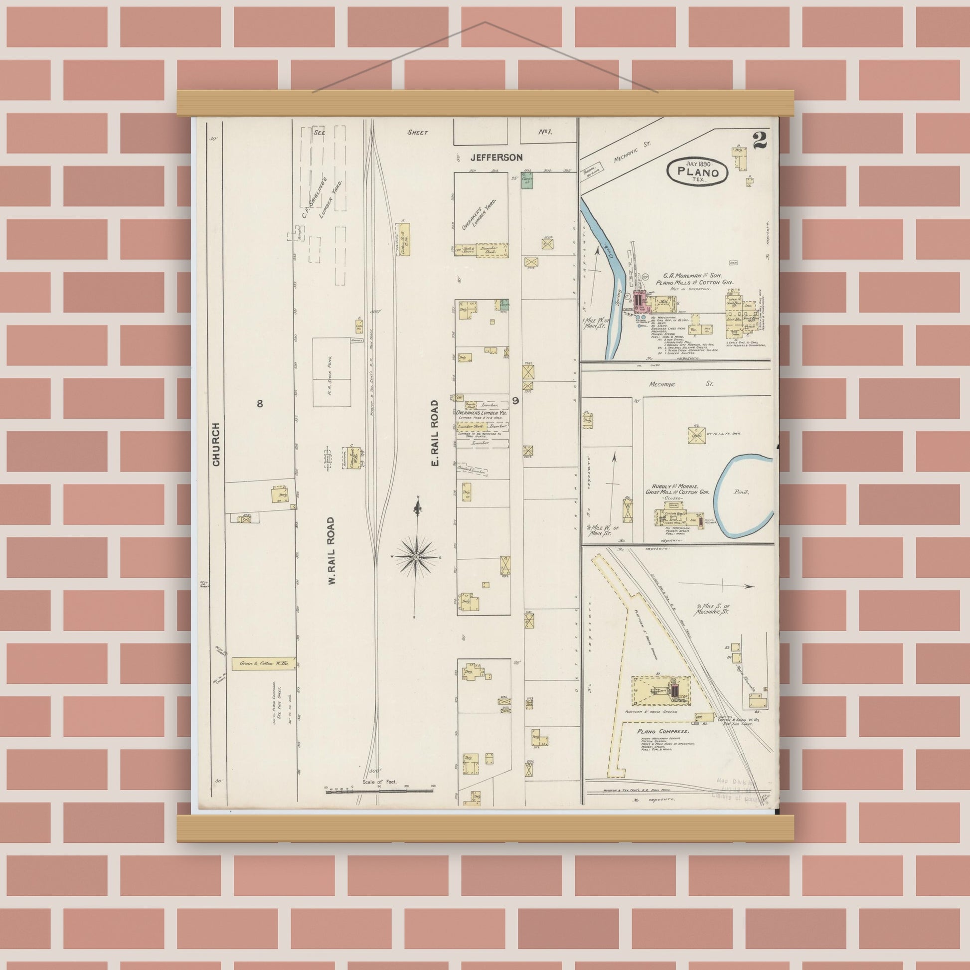 Old map wall art mockup — magnetic wood frame on brick wall — Sanborn Fire Insurance Map from Plano, Collin County, Texas (1890), Sheet #0002
