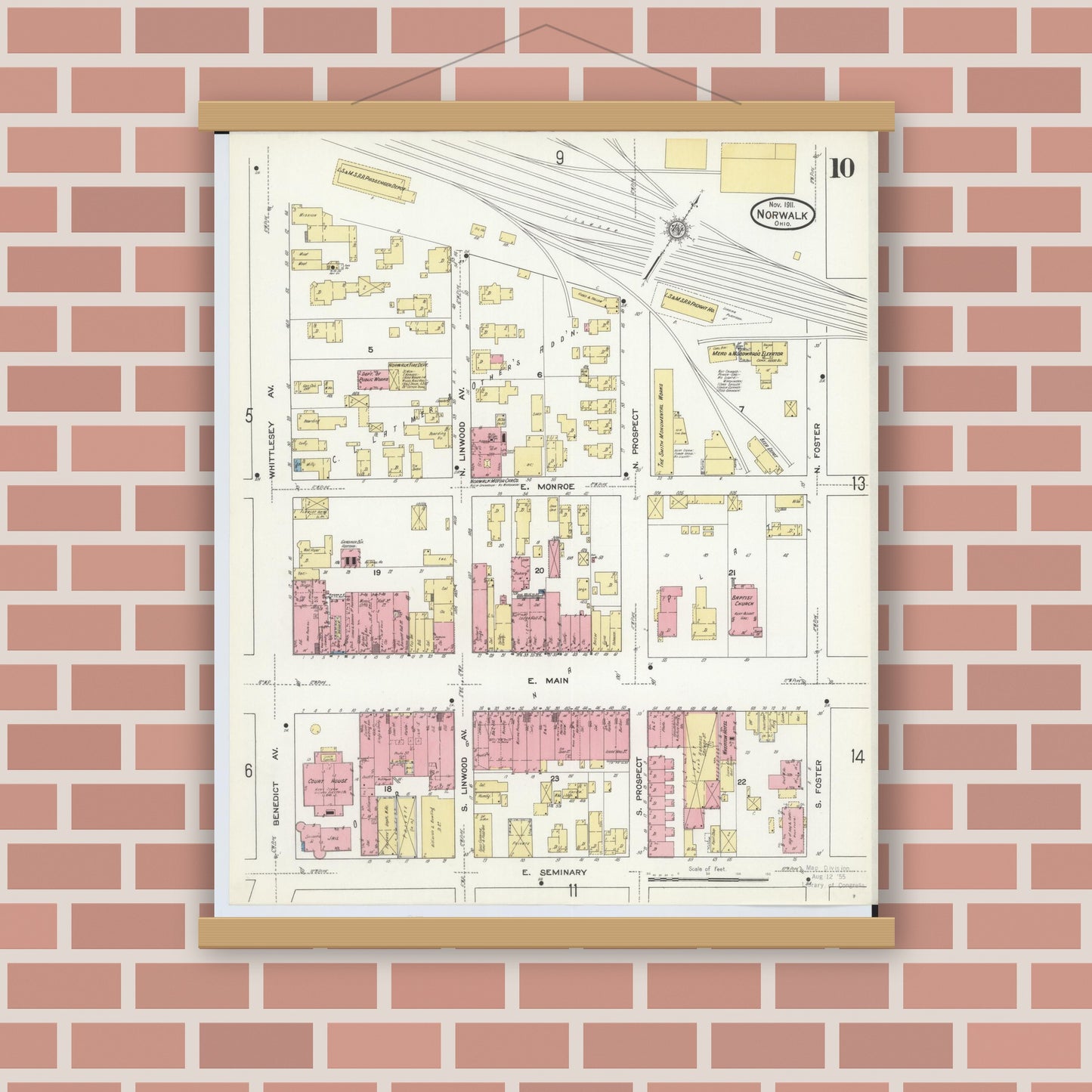 Old map wall art mockup — magnetic wood frame on brick wall — Sanborn Fire Insurance Map from Norwalk, Huron County, Ohio (1911), Sheet #0010
