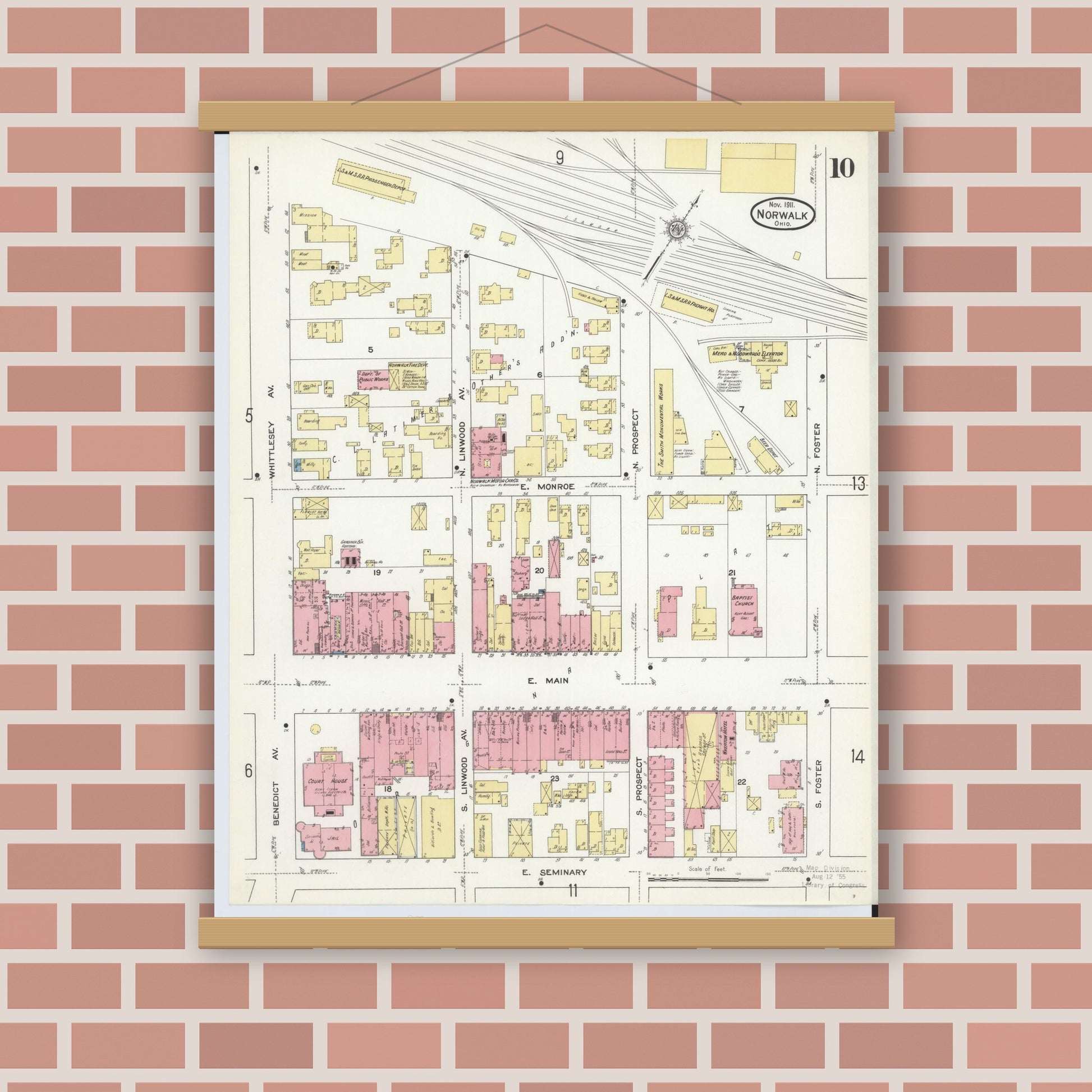 Old map wall art mockup — magnetic wood frame on brick wall — Sanborn Fire Insurance Map from Norwalk, Huron County, Ohio (1911), Sheet #0010