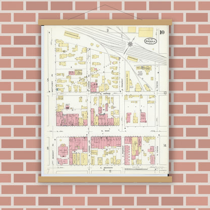 Old map wall art mockup — magnetic wood frame on brick wall — Sanborn Fire Insurance Map from Norwalk, Huron County, Ohio (1911), Sheet #0010