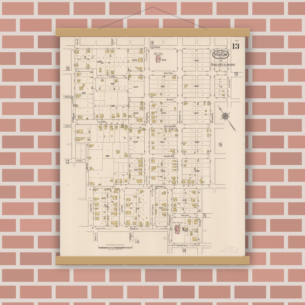Old map wall art mockup — magnetic wood frame on brick wall — Sanborn Fire Insurance Map from Yoakum, De Witt And Lavaca Counties, Texas (1922), Sheet #0013