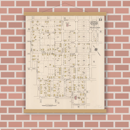 Old map wall art mockup — magnetic wood frame on brick wall — Sanborn Fire Insurance Map from Yoakum, De Witt And Lavaca Counties, Texas (1922), Sheet #0013