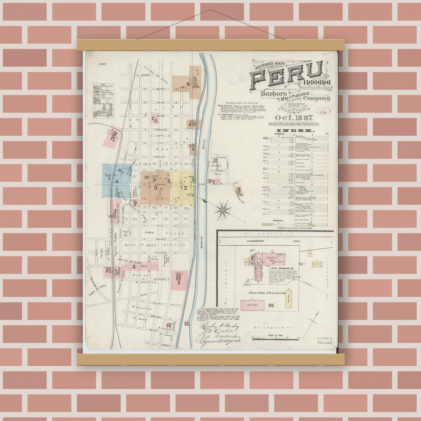 Old map wall art mockup — magnetic wood frame on brick wall — Sanborn Fire Insurance Map from Peru, Miami County, Indiana (1887) - Complete Map Set