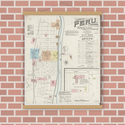 Old map wall art mockup — magnetic wood frame on brick wall — Sanborn Fire Insurance Map from Peru, Miami County, Indiana (1887) - Complete Map Set