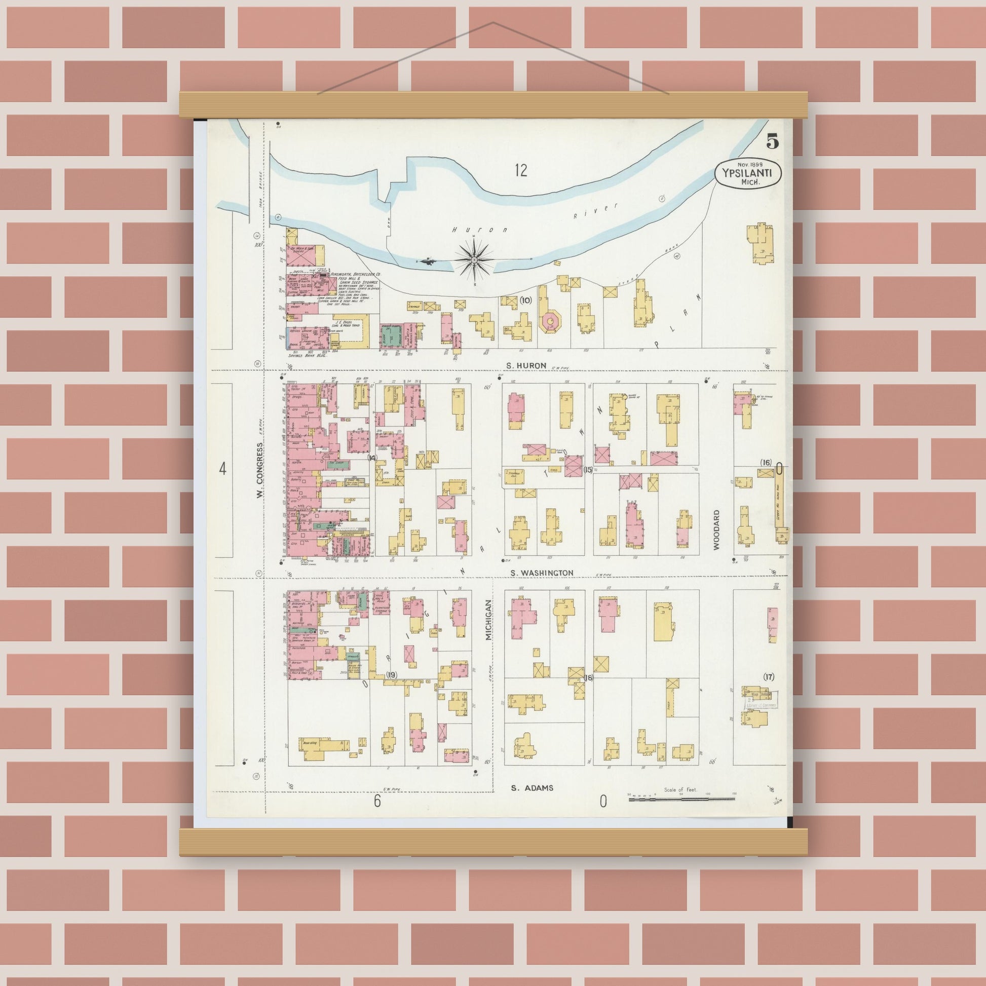 Old map wall art mockup — magnetic wood frame on brick wall — Sanborn Fire Insurance Map from Ypsilanti, Washtenaw County, Michigan (1899), Sheet #0005