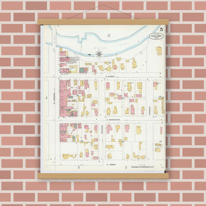 Old map wall art mockup — magnetic wood frame on brick wall — Sanborn Fire Insurance Map from Ypsilanti, Washtenaw County, Michigan (1899), Sheet #0005