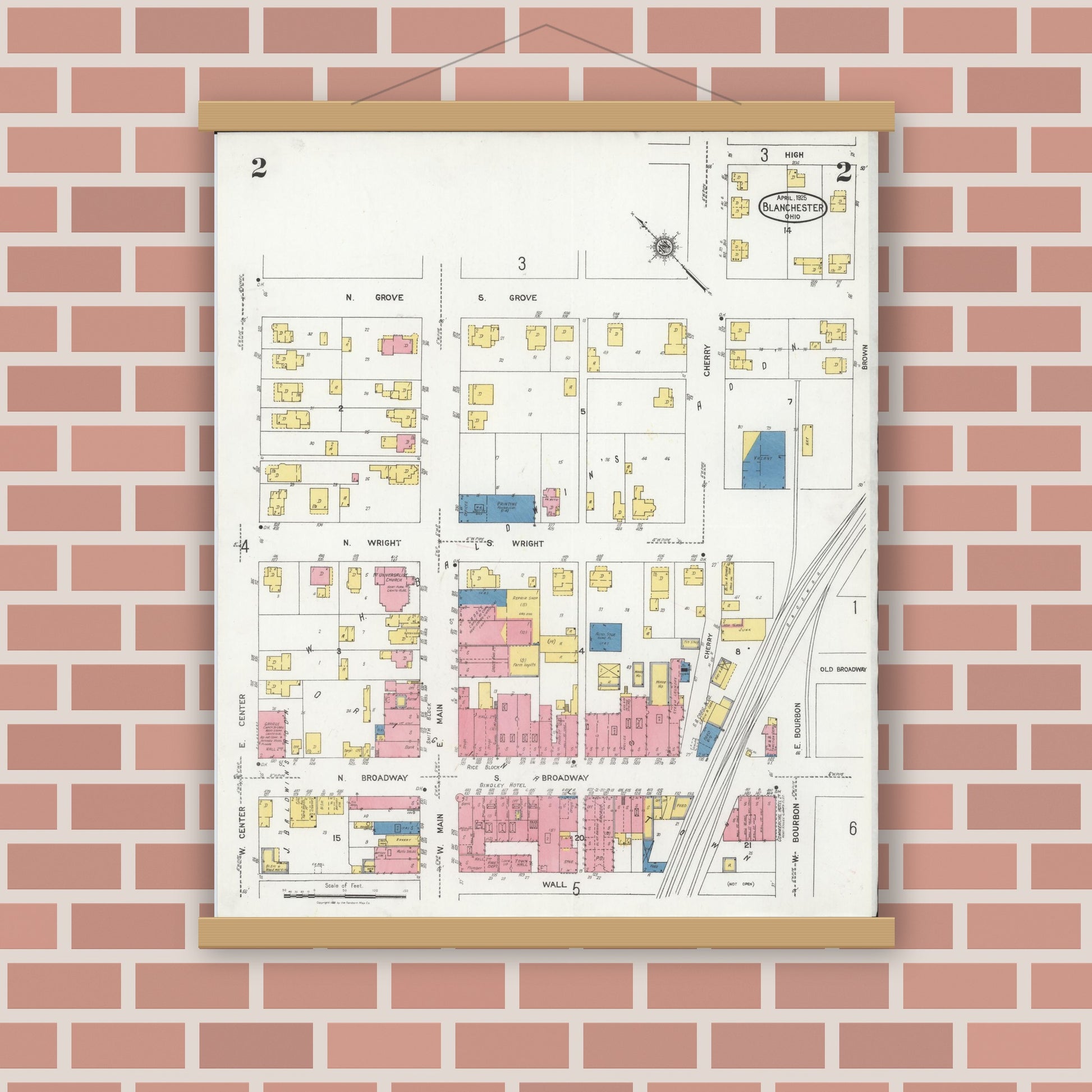 Old map wall art mockup — magnetic wood frame on brick wall — Sanborn Fire Insurance Map from Blanchester, Clinton County, Ohio (1925), Sheet #0002