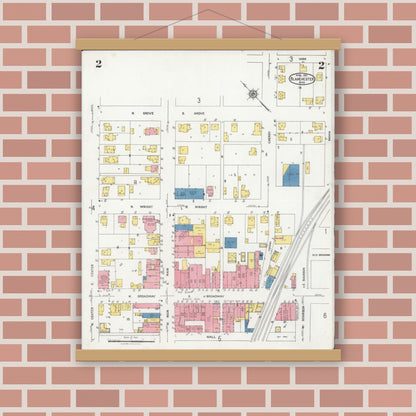 Old map wall art mockup — magnetic wood frame on brick wall — Sanborn Fire Insurance Map from Blanchester, Clinton County, Ohio (1925), Sheet #0002