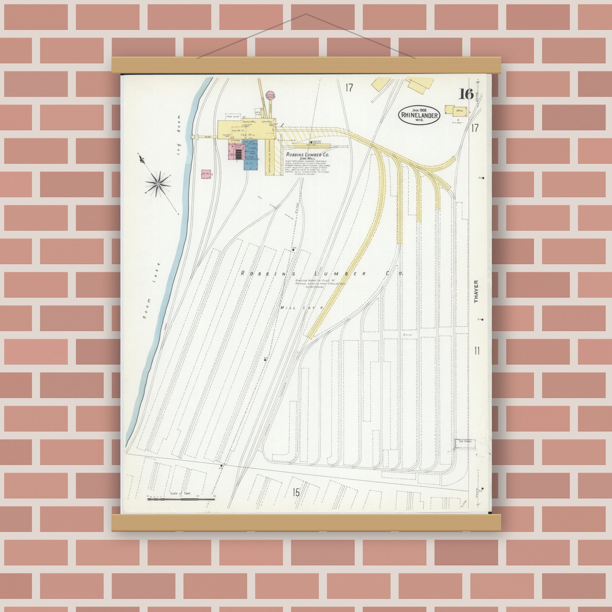 Old map wall art mockup — magnetic wood frame on brick wall — Sanborn Fire Insurance Map from Rhinelander, Oneida County, Wisconsin (1908), Sheet #0016