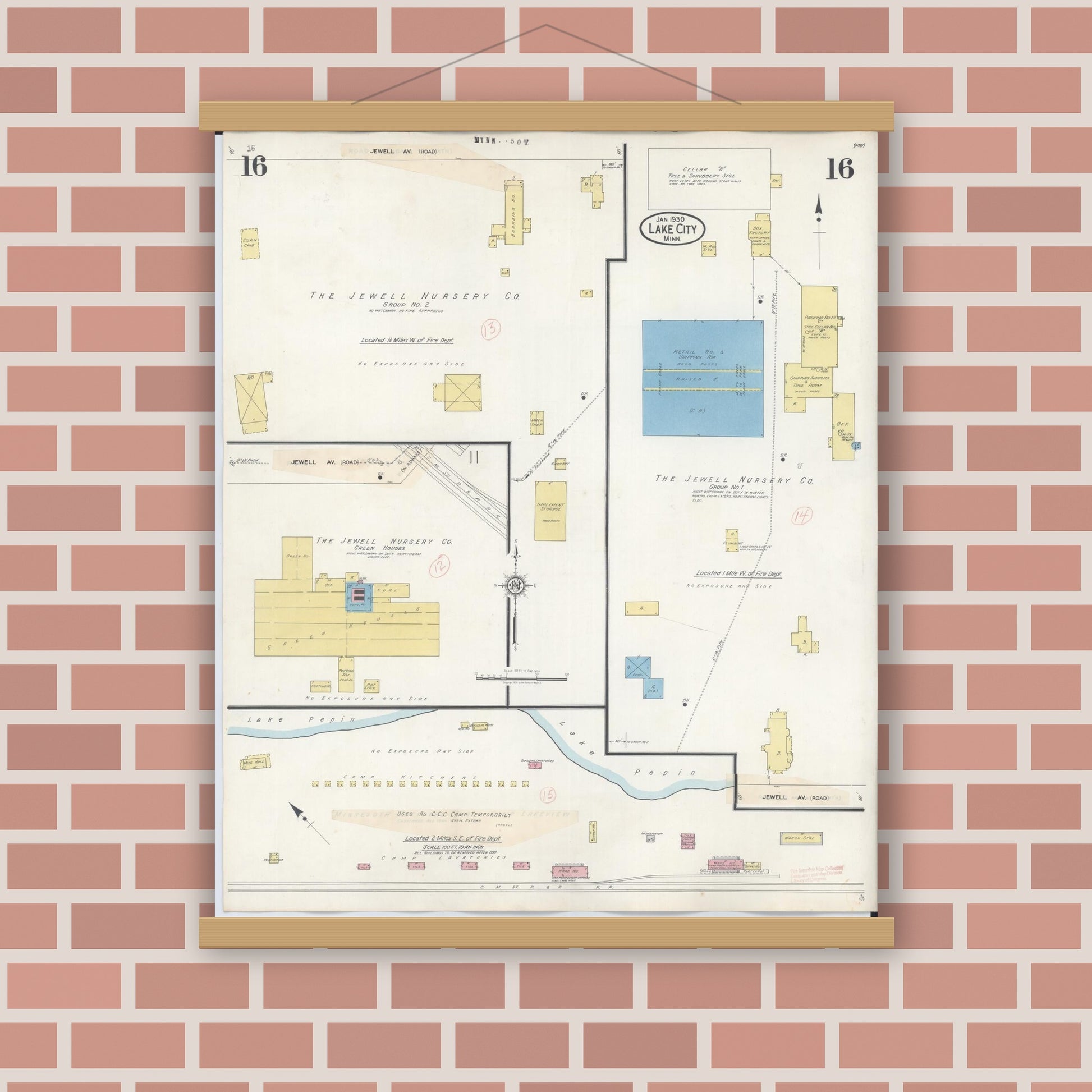 Old map wall art mockup — magnetic wood frame on brick wall — Sanborn Fire Insurance Map from Lake City, Wabasha County, Minnesota (1938), Sheet #0016