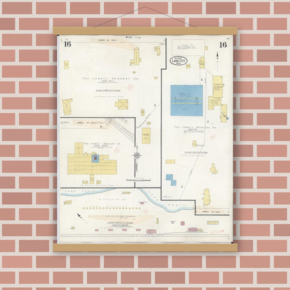 Old map wall art mockup — magnetic wood frame on brick wall — Sanborn Fire Insurance Map from Lake City, Wabasha County, Minnesota (1938), Sheet #0016
