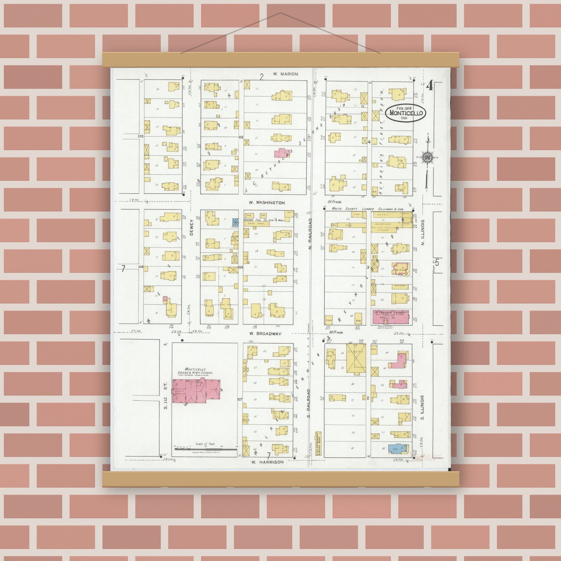 Old map wall art mockup — magnetic wood frame on brick wall — Sanborn Fire Insurance Map from Monticello, White County, Indiana (1919), Sheet #0004