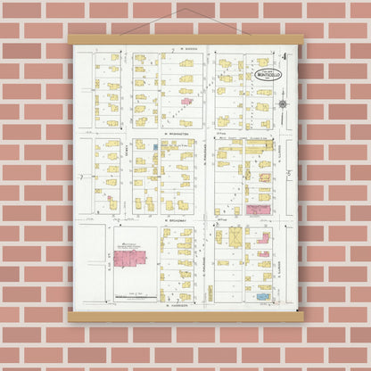 Old map wall art mockup — magnetic wood frame on brick wall — Sanborn Fire Insurance Map from Monticello, White County, Indiana (1919), Sheet #0004