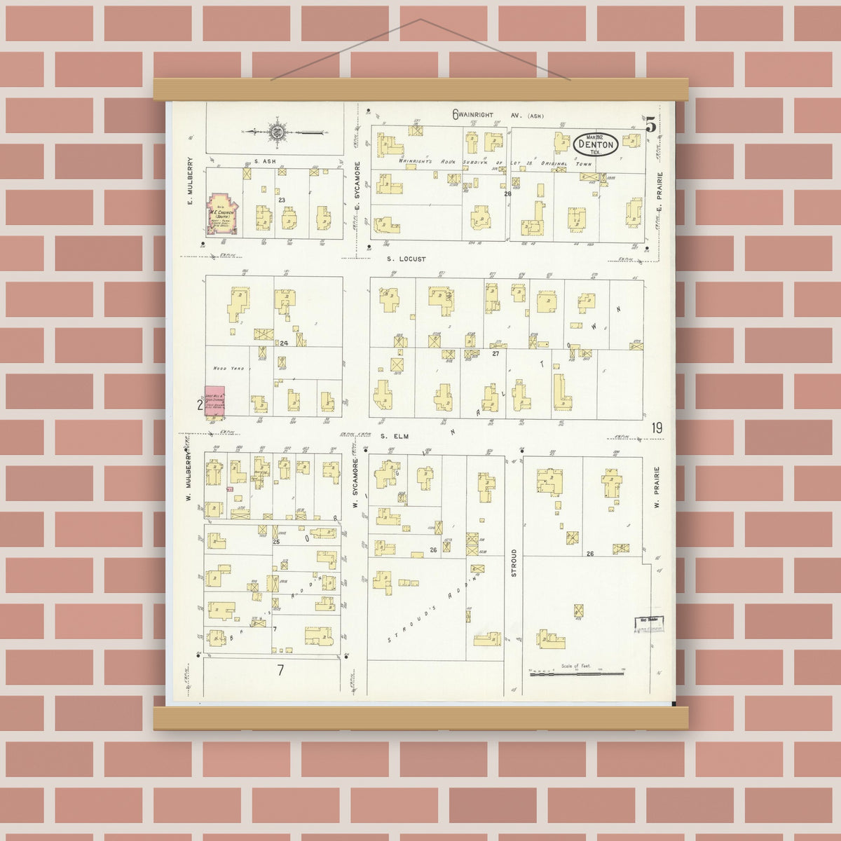 Old map wall art mockup — magnetic wood frame on brick wall — Sanborn Fire Insurance Map from Denton, Denton County, Texas (1912), Sheet #0005