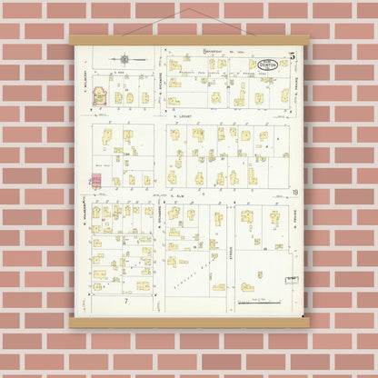 Old map wall art mockup — magnetic wood frame on brick wall — Sanborn Fire Insurance Map from Denton, Denton County, Texas (1912), Sheet #0005