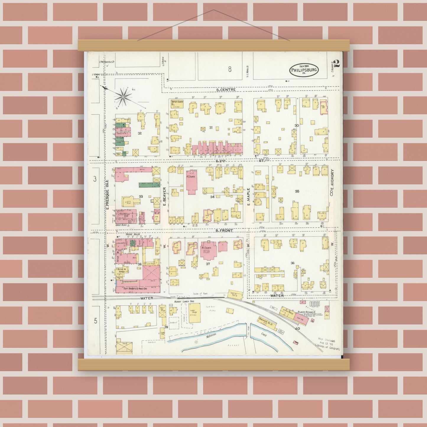 Old map wall art mockup — magnetic wood frame on brick wall — Sanborn Fire Insurance Map from Philipsburg, Centre County, Pennsylvania (1904), Sheet #0002