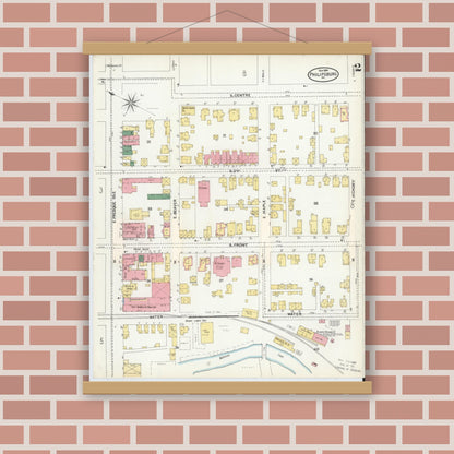 Old map wall art mockup — magnetic wood frame on brick wall — Sanborn Fire Insurance Map from Philipsburg, Centre County, Pennsylvania (1904), Sheet #0002