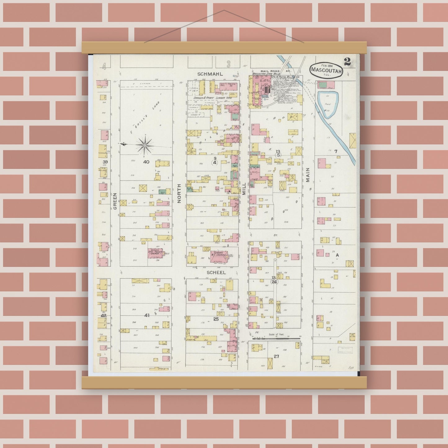 Old map wall art mockup — magnetic wood frame on brick wall — Sanborn Fire Insurance Map from Mascoutah, Saint Clair County, Illinois (1894), Sheet #0002