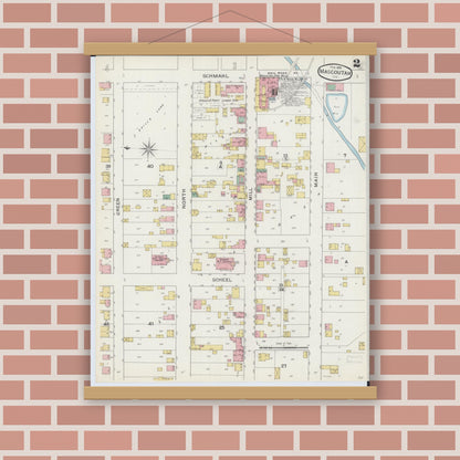 Old map wall art mockup — magnetic wood frame on brick wall — Sanborn Fire Insurance Map from Mascoutah, Saint Clair County, Illinois (1894), Sheet #0002