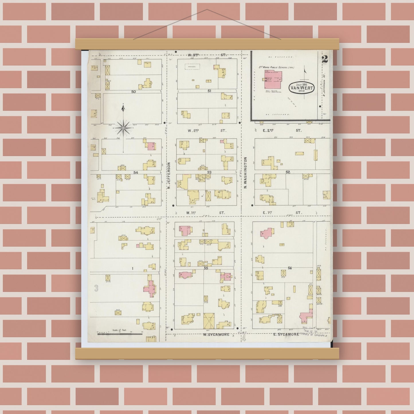 Old map wall art mockup — magnetic wood frame on brick wall — Sanborn Fire Insurance Map from Van Wert, Van Wert County, Ohio (1895), Sheet #0002