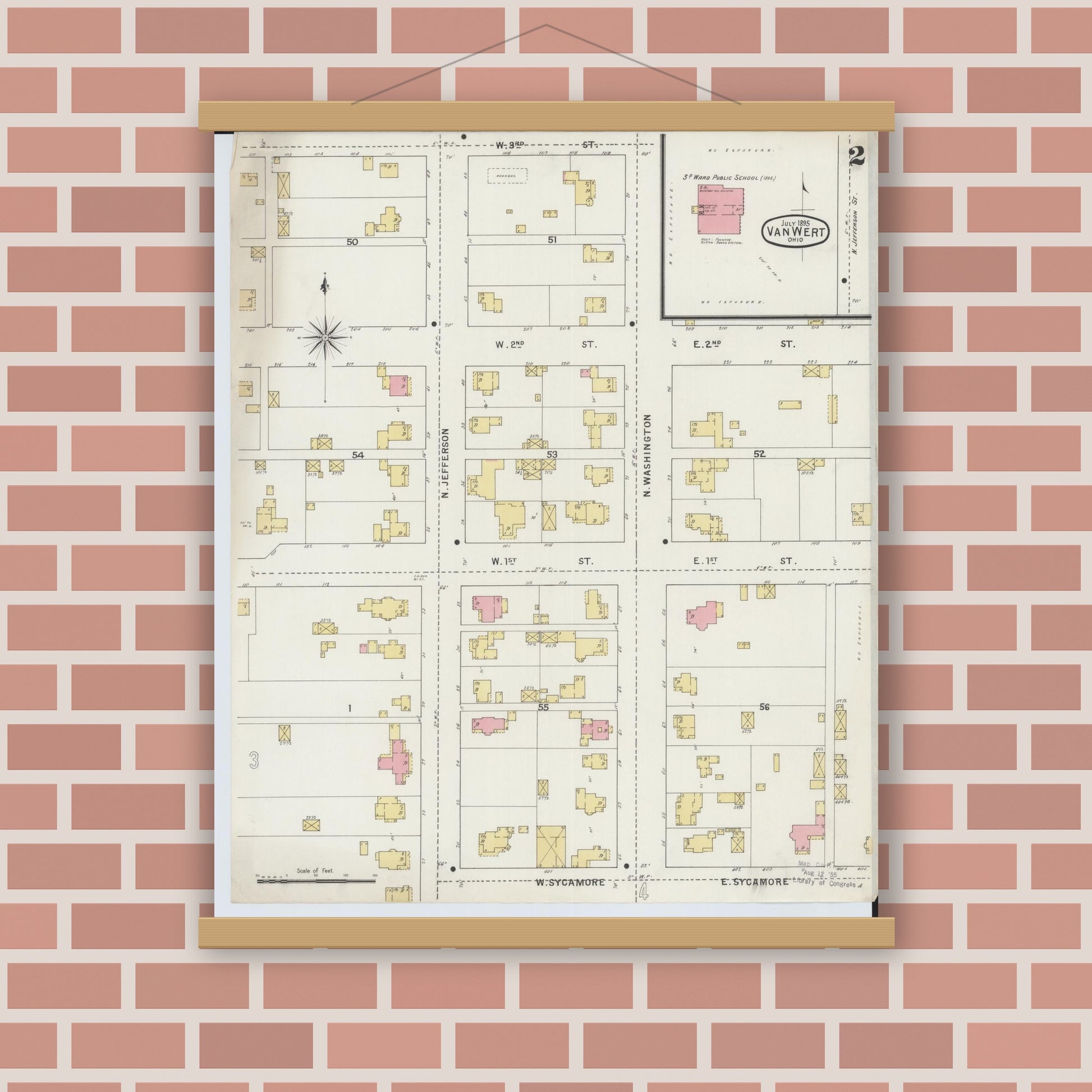 Old map wall art mockup — magnetic wood frame on brick wall — Sanborn Fire Insurance Map from Van Wert, Van Wert County, Ohio (1895), Sheet #0002