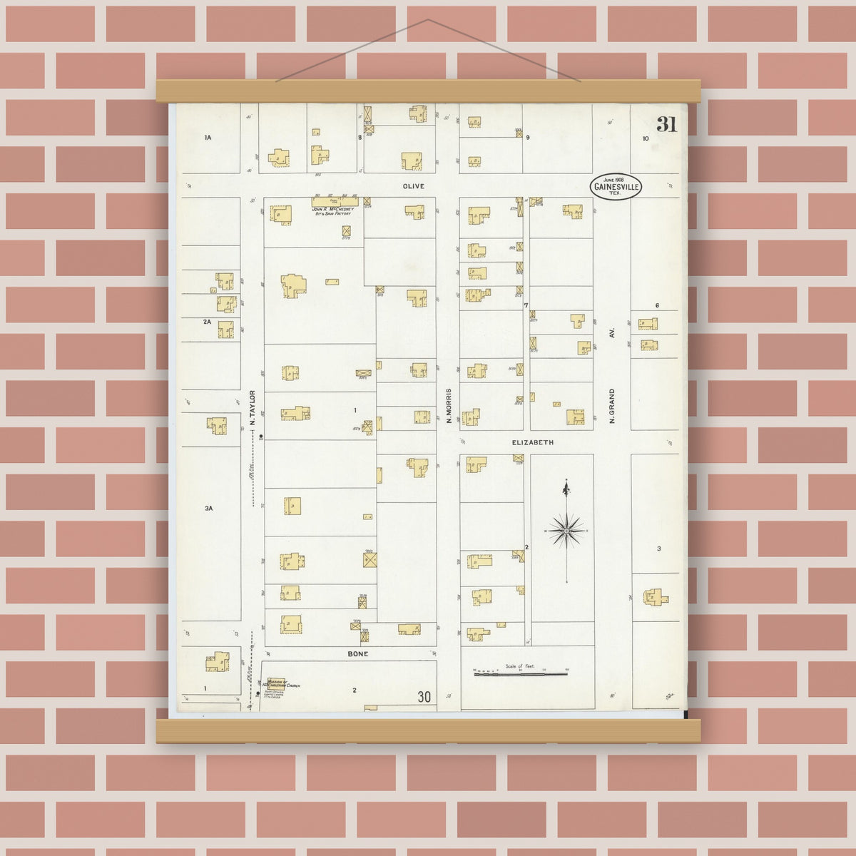 Old map wall art mockup — magnetic wood frame on brick wall — Sanborn Fire Insurance Map from Gainesville, Cooke County, Texas (1908), Sheet #0031