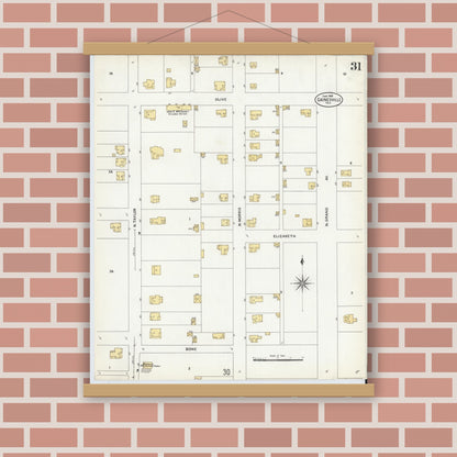 Old map wall art mockup — magnetic wood frame on brick wall — Sanborn Fire Insurance Map from Gainesville, Cooke County, Texas (1908), Sheet #0031