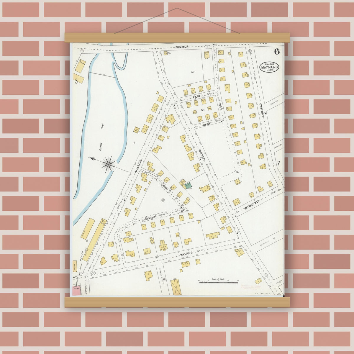 Old map wall art mockup — magnetic wood frame on brick wall — Sanborn Fire Insurance Map from Maynard, Middlesex County, Massachusetts (1904), Sheet #0006