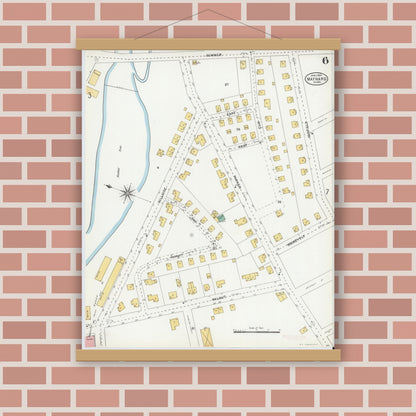 Old map wall art mockup — magnetic wood frame on brick wall — Sanborn Fire Insurance Map from Maynard, Middlesex County, Massachusetts (1904), Sheet #0006