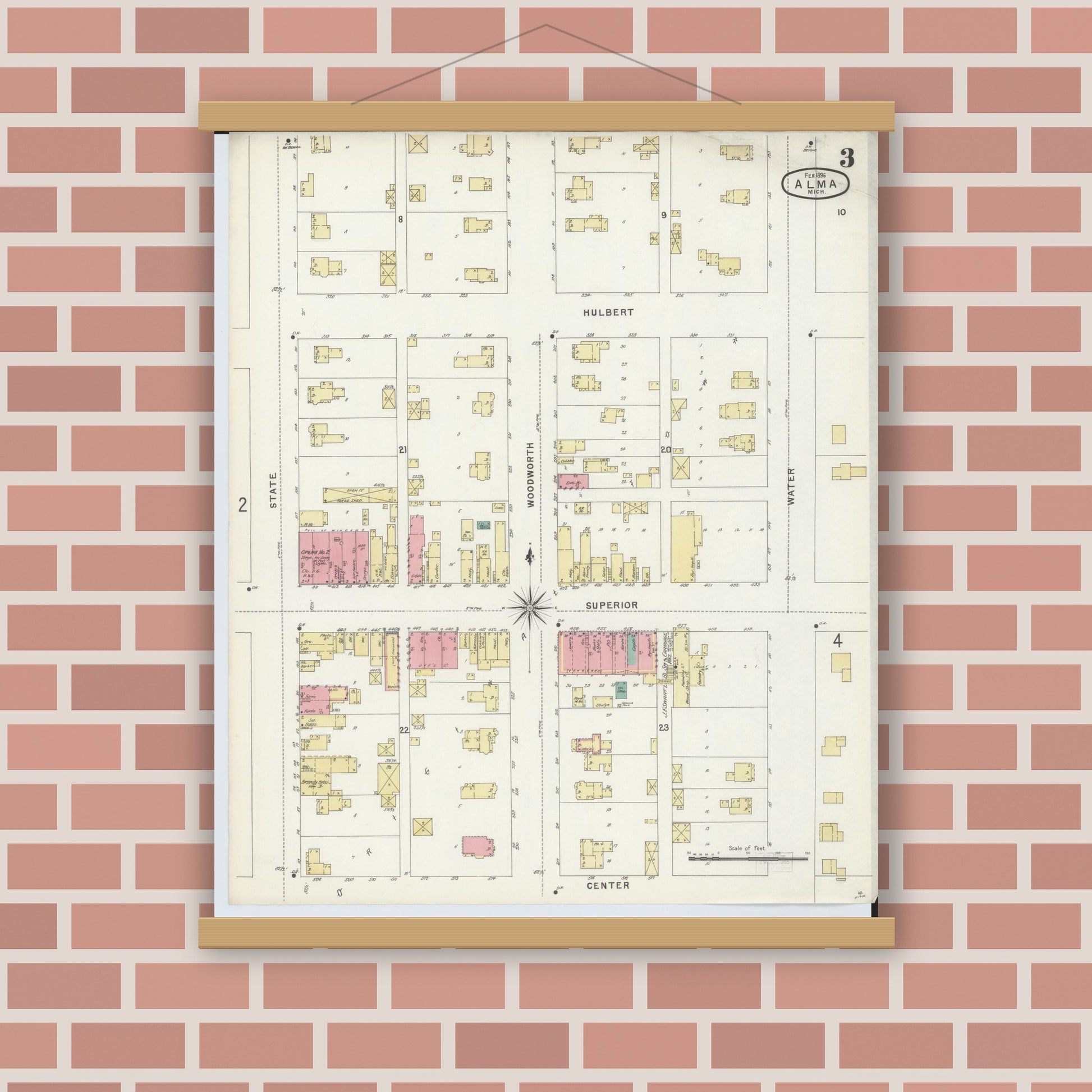 Old map wall art mockup — magnetic wood frame on brick wall — Sanborn Fire Insurance Map from Alma, Gratiot County, Michigan (1896), Sheet #0003