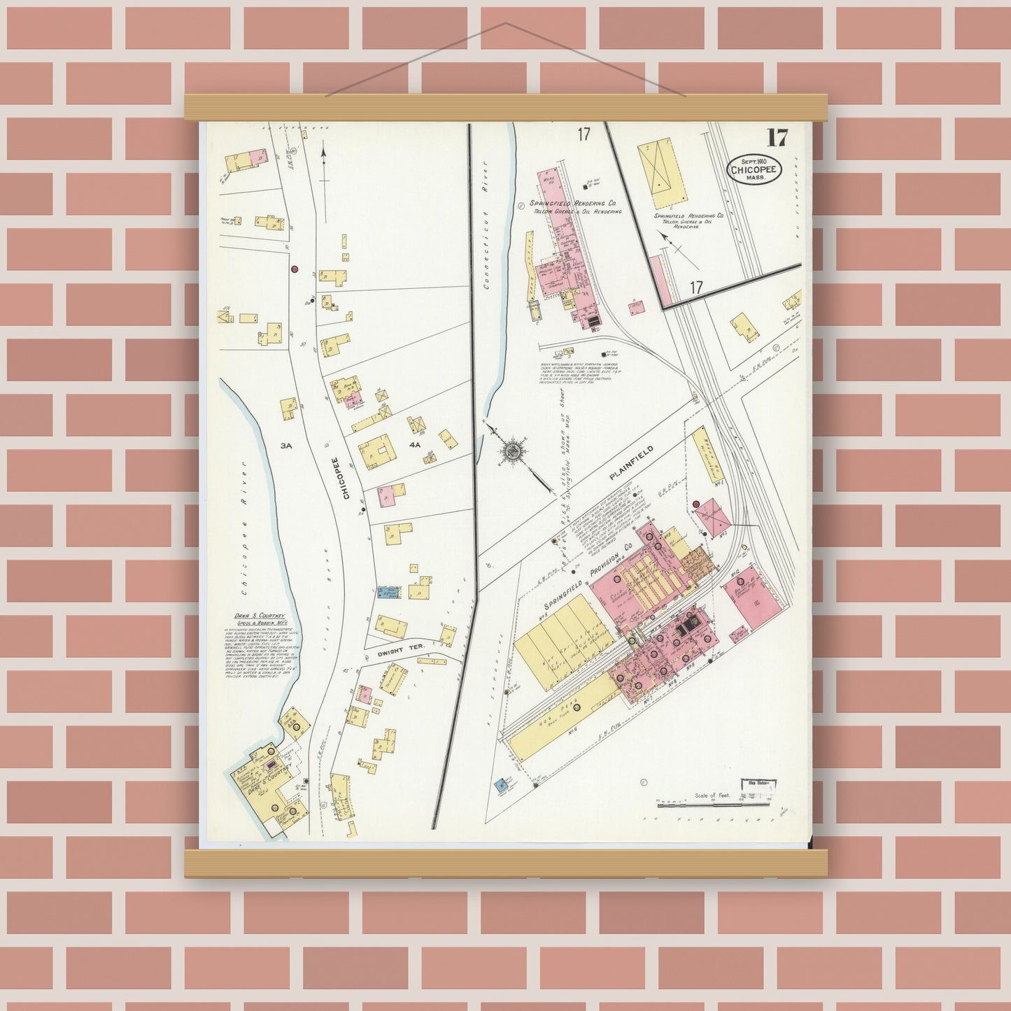 Old map wall art mockup — magnetic wood frame on brick wall — Sanborn Fire Insurance Map from Chicopee, Hampden County, Massachusetts (1910), Sheet #0017