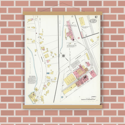 Old map wall art mockup — magnetic wood frame on brick wall — Sanborn Fire Insurance Map from Chicopee, Hampden County, Massachusetts (1910), Sheet #0017