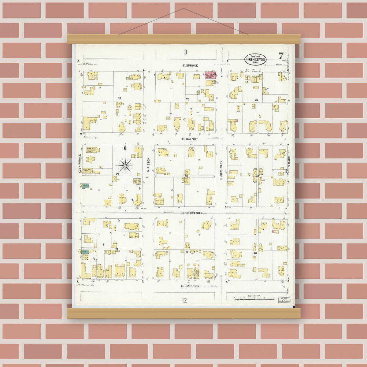 Old map wall art mockup — magnetic wood frame on brick wall — Sanborn Fire Insurance Map from Princeton, Gibson County, Indiana (1907), Sheet #0007
