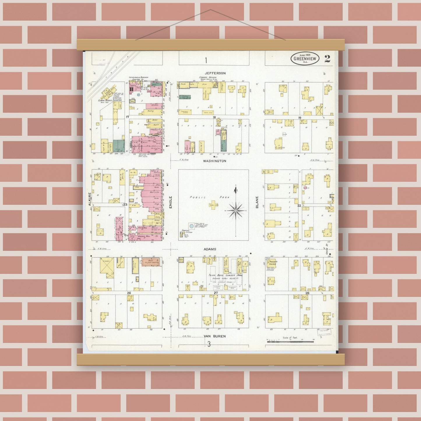 Old map wall art mockup — magnetic wood frame on brick wall — Sanborn Fire Insurance Map from Greenview, Menard County, Illinois (1909), Sheet #0002
