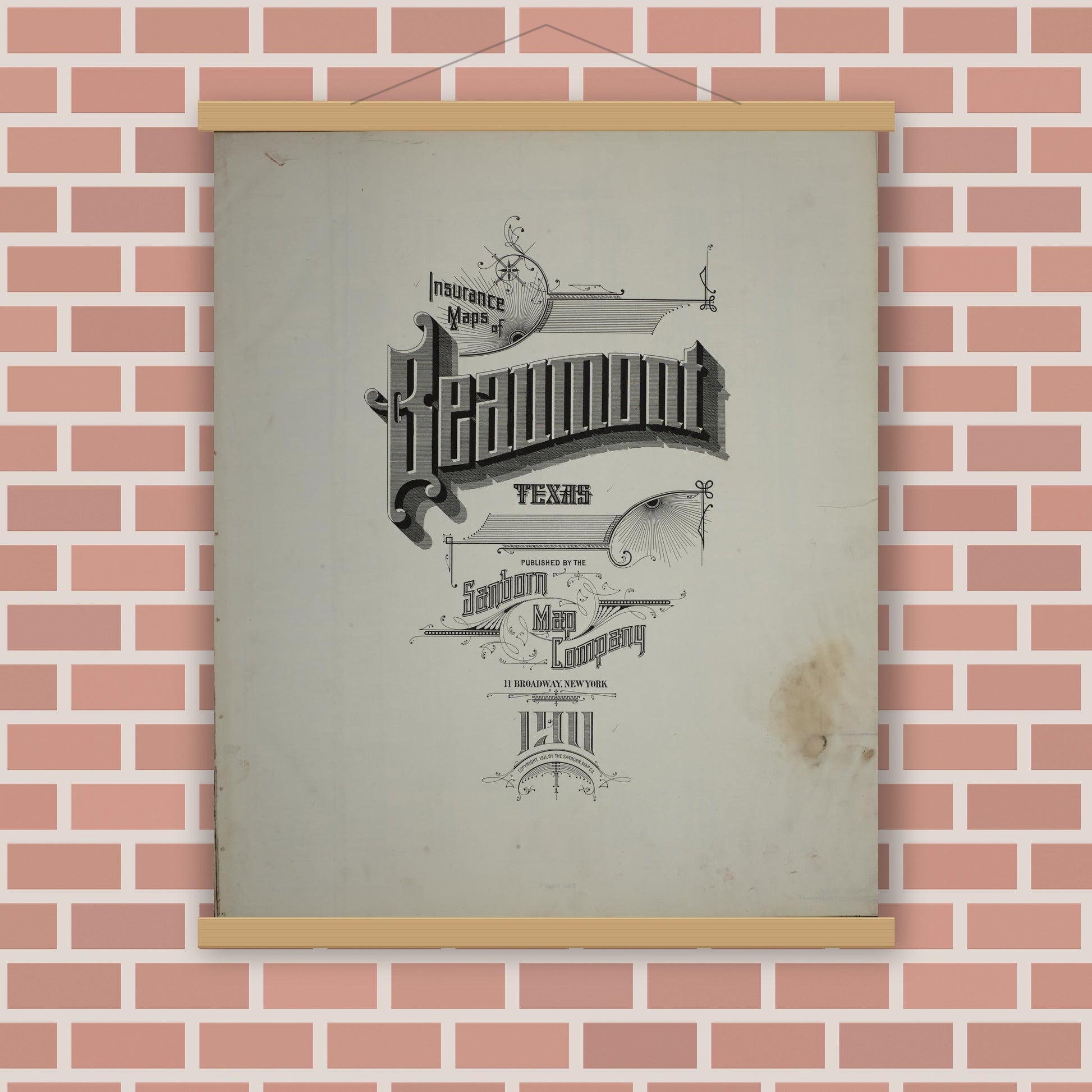 Old map wall art mockup — magnetic wood frame on brick wall — Sanborn Fire Insurance Map from Beaumont, Jefferson County, Texas (1911), Sheet #0001