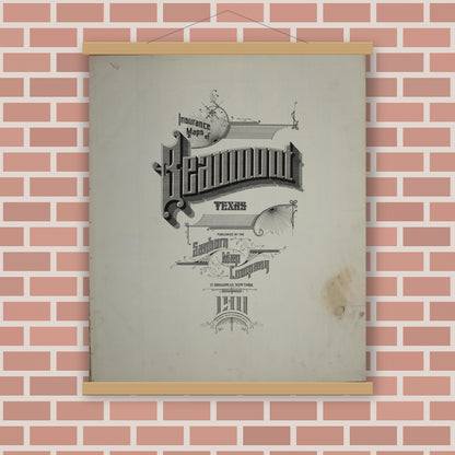 Old map wall art mockup — magnetic wood frame on brick wall — Sanborn Fire Insurance Map from Beaumont, Jefferson County, Texas (1911), Sheet #0001