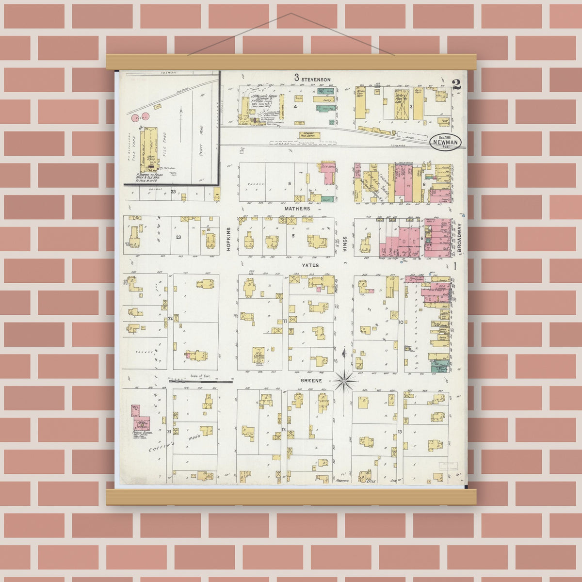 Old map wall art mockup — magnetic wood frame on brick wall — Sanborn Fire Insurance Map from Newman, Douglas County, Illinois (1898), Sheet #0002