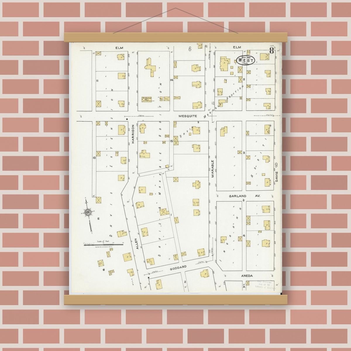 Old map wall art mockup — magnetic wood frame on brick wall — Sanborn Fire Insurance Map from West, McLennan County, Texas (1921), Sheet #0008
