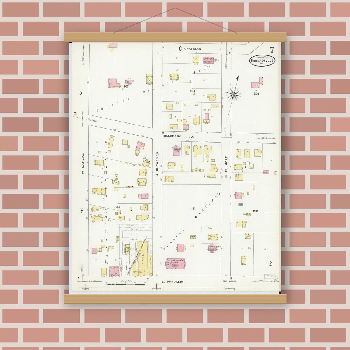 Old map wall art mockup — magnetic wood frame on brick wall — Sanborn Fire Insurance Map from Edwardsville, Madison County, Illinois (1909), Sheet #0007